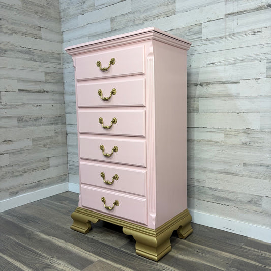Tall pink dresser, angled view