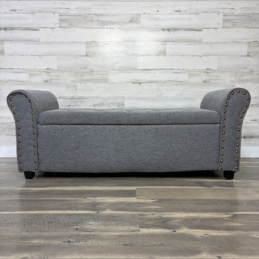 Gray storage bench, straight front view