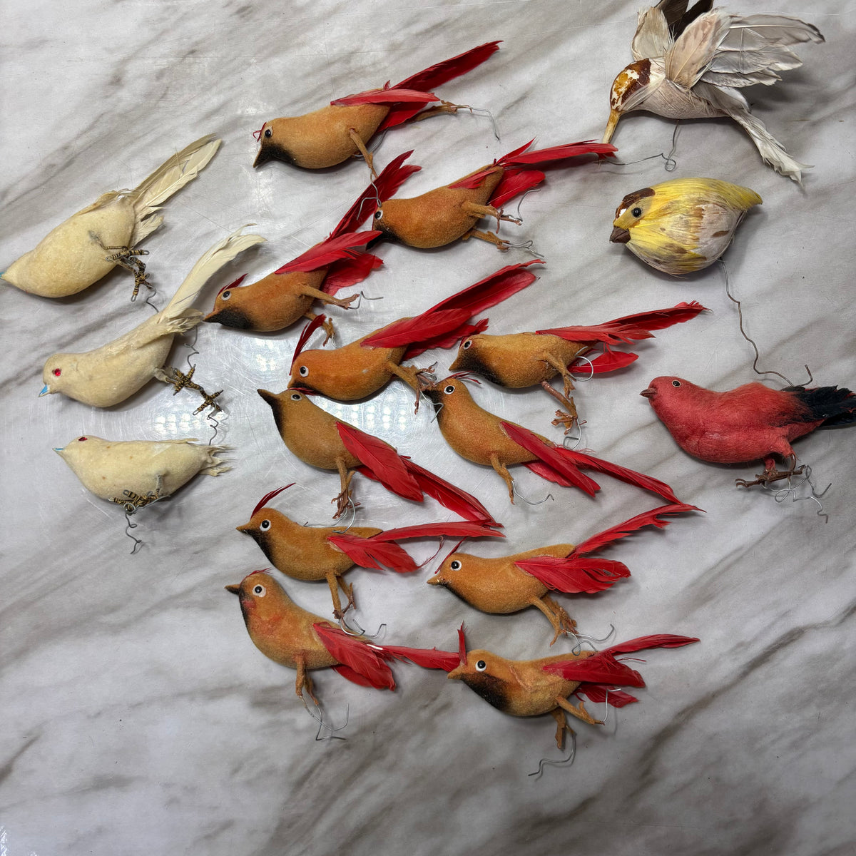 Vintage and Antique Feathered and Flocked Bird Ornament Lot