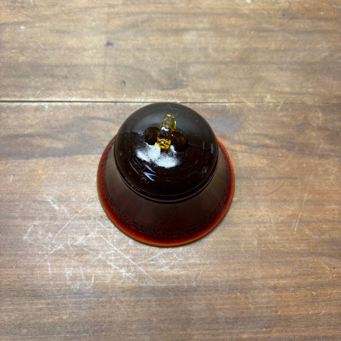 Vintage Red Orange Glass Bell Paperweight Telephone Pioneers of America
