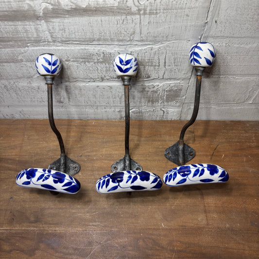 Antique Porcelain Blue And White Hooks Set Of 3