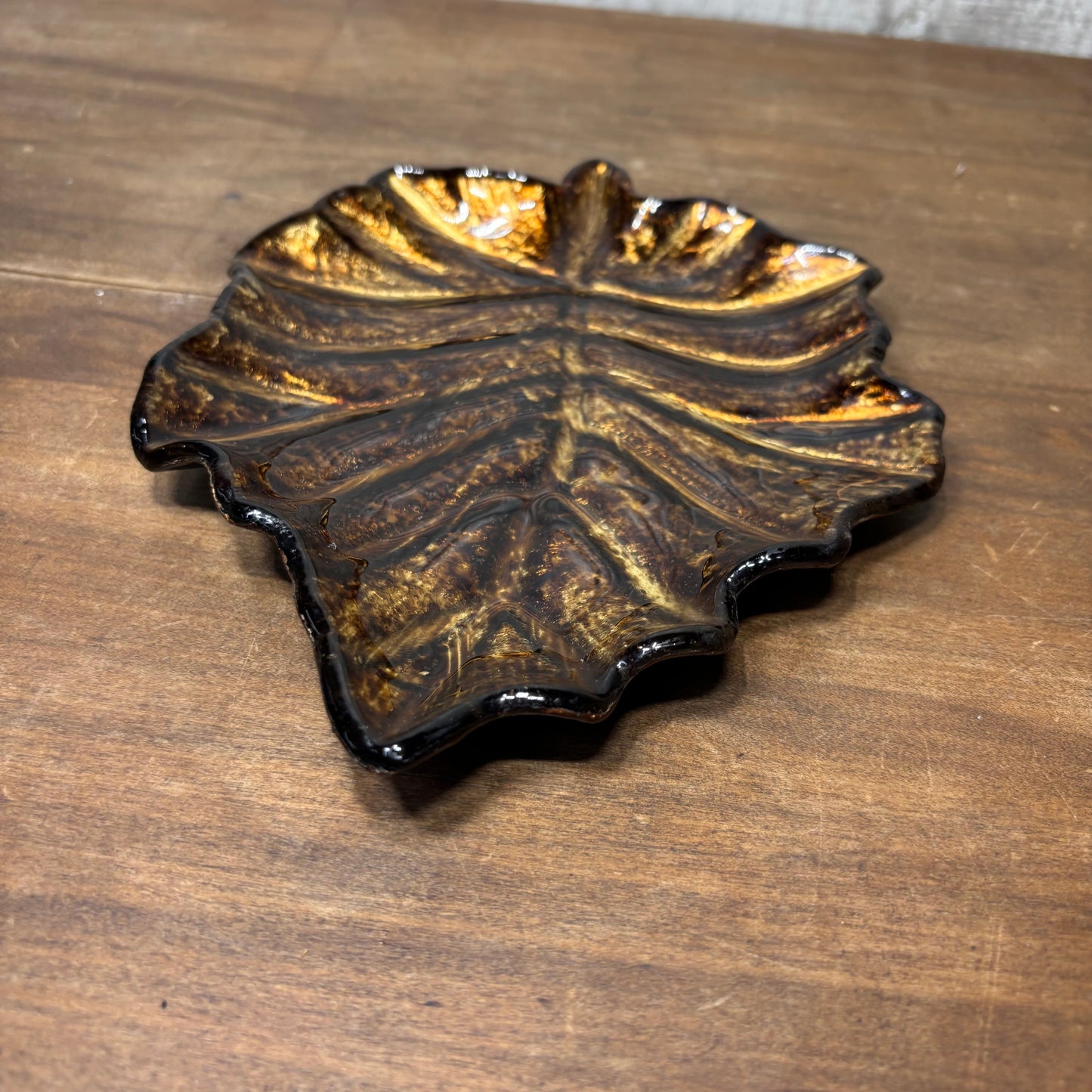 Bronze Gold Metallic Glass Leaf Tray / Plate