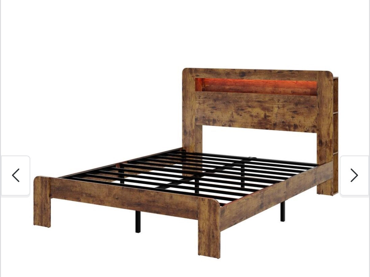 Wood Platform Queen Bed Frame with Illuminated Headboard, Charging Station, No Box Spring Needed, Dark Brown New