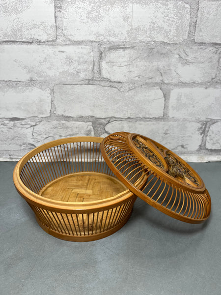 Vintage Woven Bamboo Ratan Wicker Basket W/ Lid