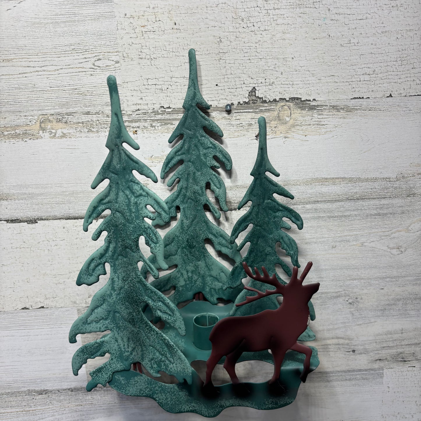 Homco Green Metal Elk/Deer Tree Candle Sconce