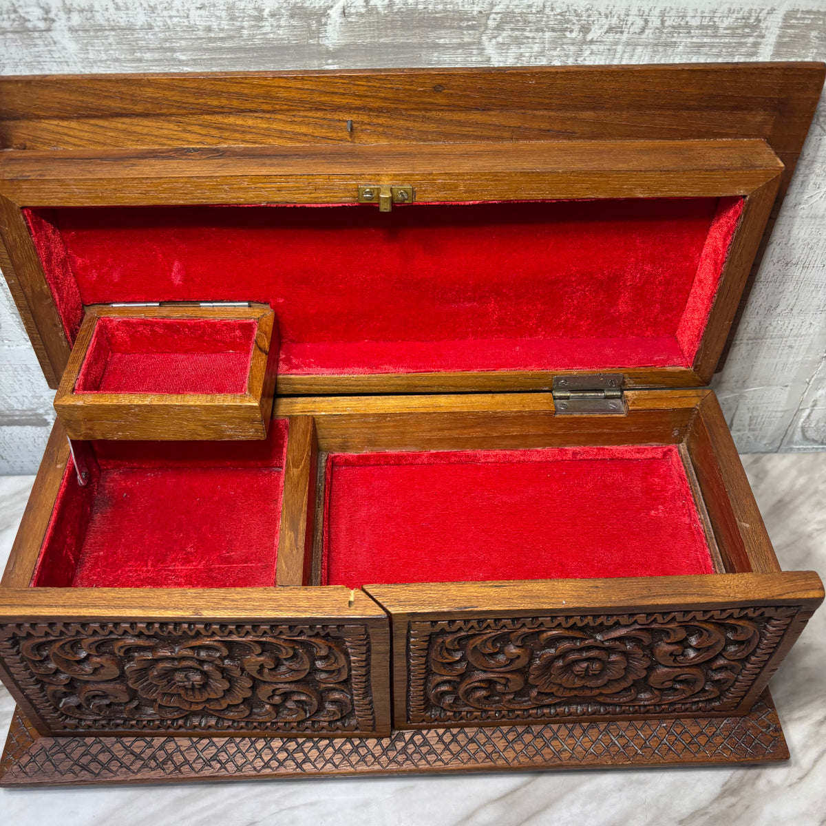 Vintage Carved Wooden Jewelry Chest