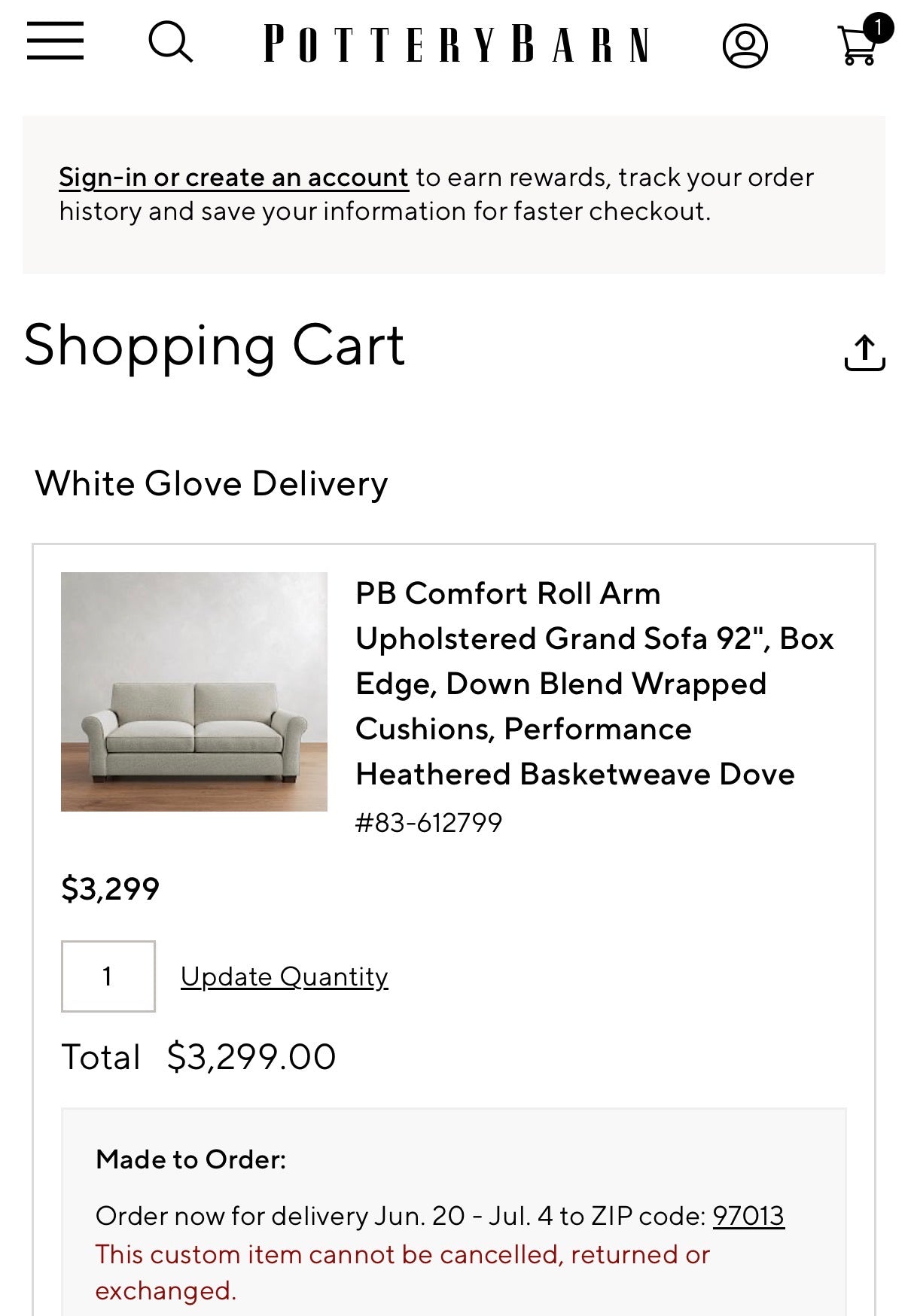 Pottery Barn Comfort Down Sofa Couch 92"
