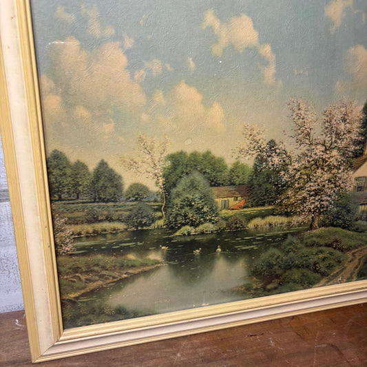 Vintage Cottage by the Pond Framed Landscape Print