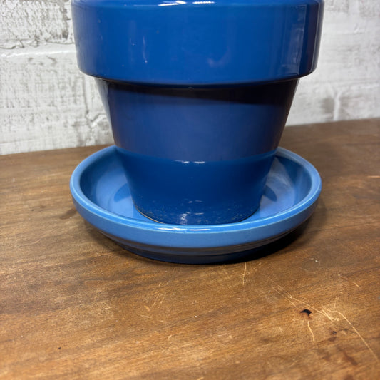 Blue Ceramic Planter Pot W/ Saucer