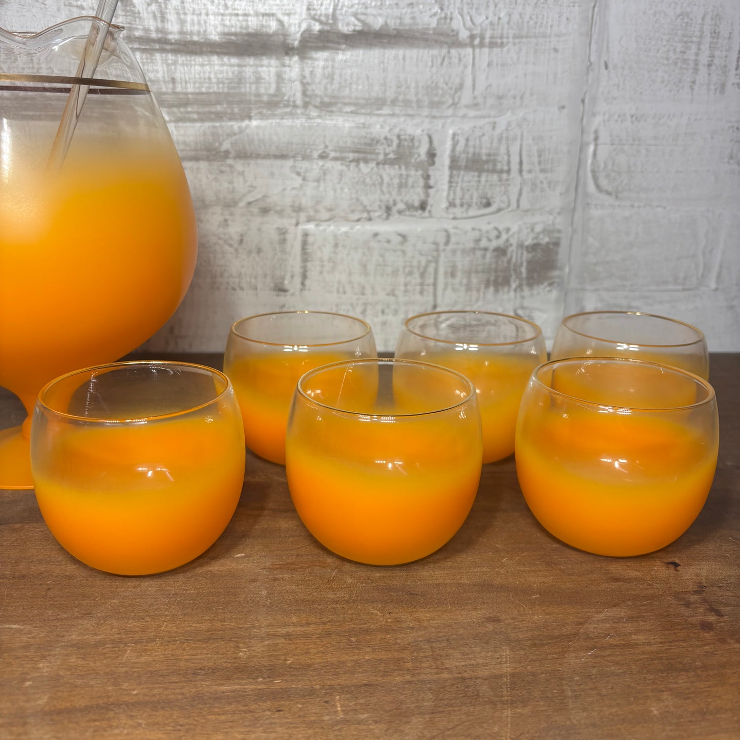 Mid Century Blendo Cocktail Set Orange Frosted Pitcher & Roly Poly Glasses