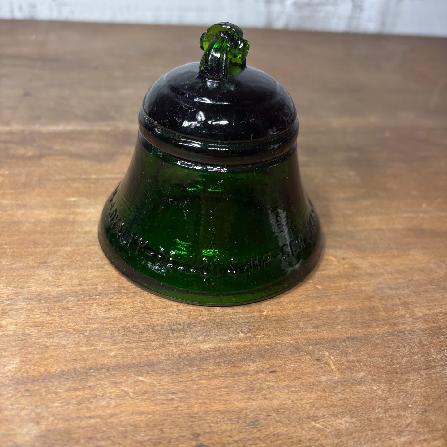 Vintage Green Glass Bell Paperweight Telephone Pioneers of America