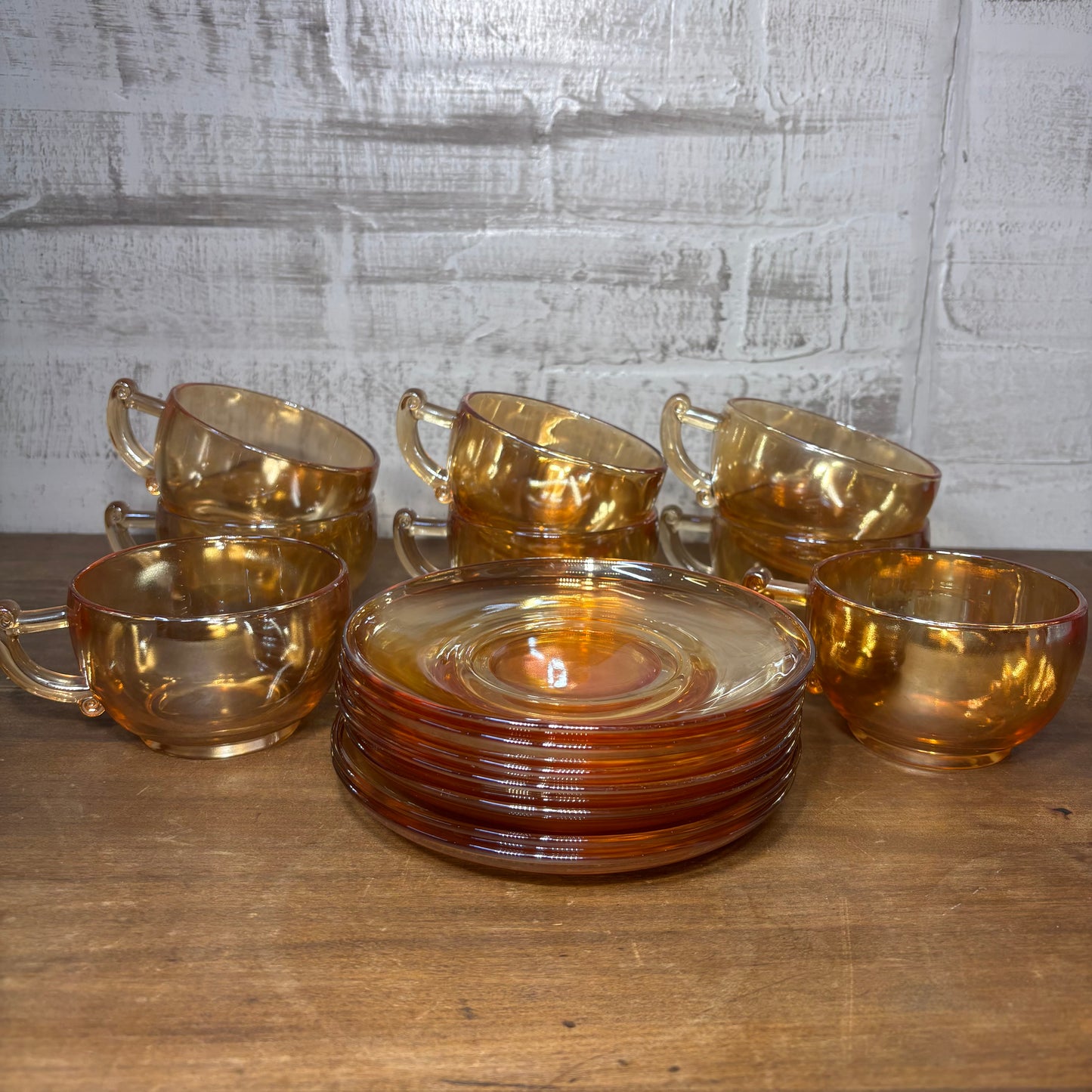 Vintage Jeanette Glass Marigold Iridescent Carnival Glass Teacups And Saucers Set