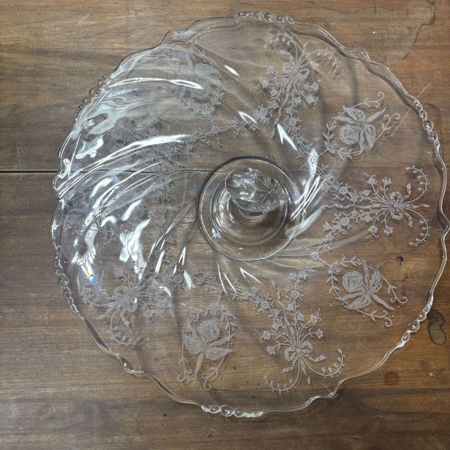 Heisey Orchid Waverly Etched Detail Sandwich Server / Handled Tray