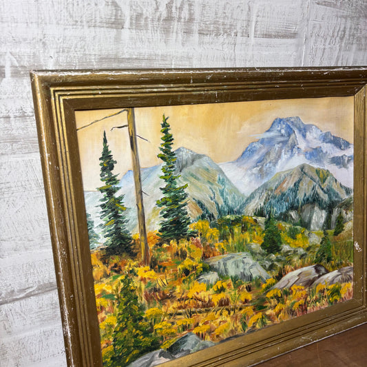 Vintage Mountain Landscape with Pines Framed Original Painting