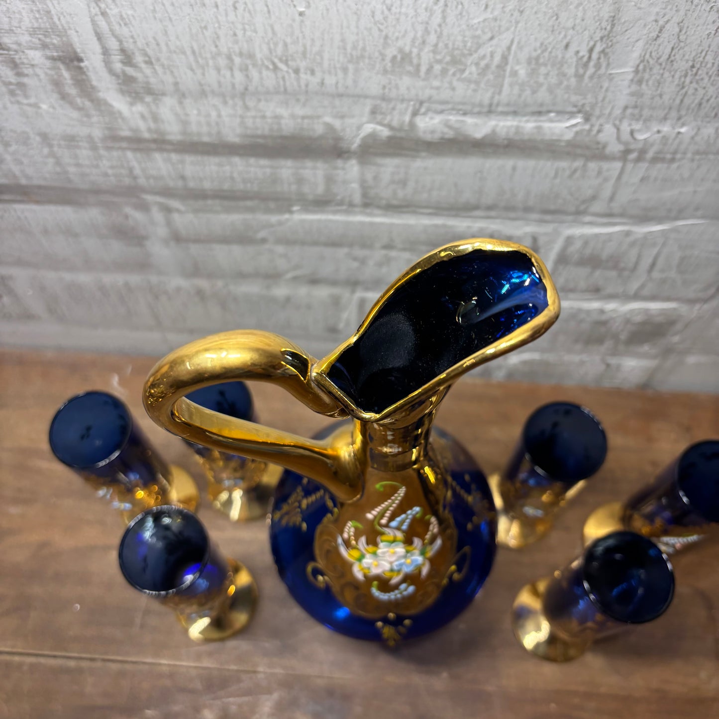 Vintage Venetian Italian Colbalt Blue Hand painted Decanter and Six Glasses