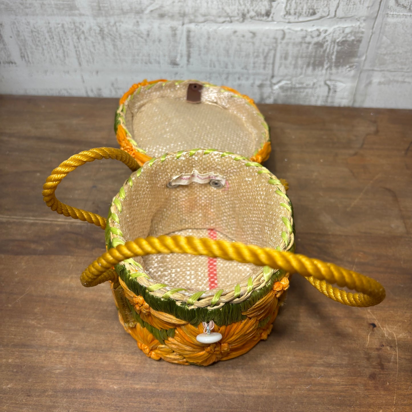 Vintage Orange Flower Raffia Straw Tote Cabana Bag