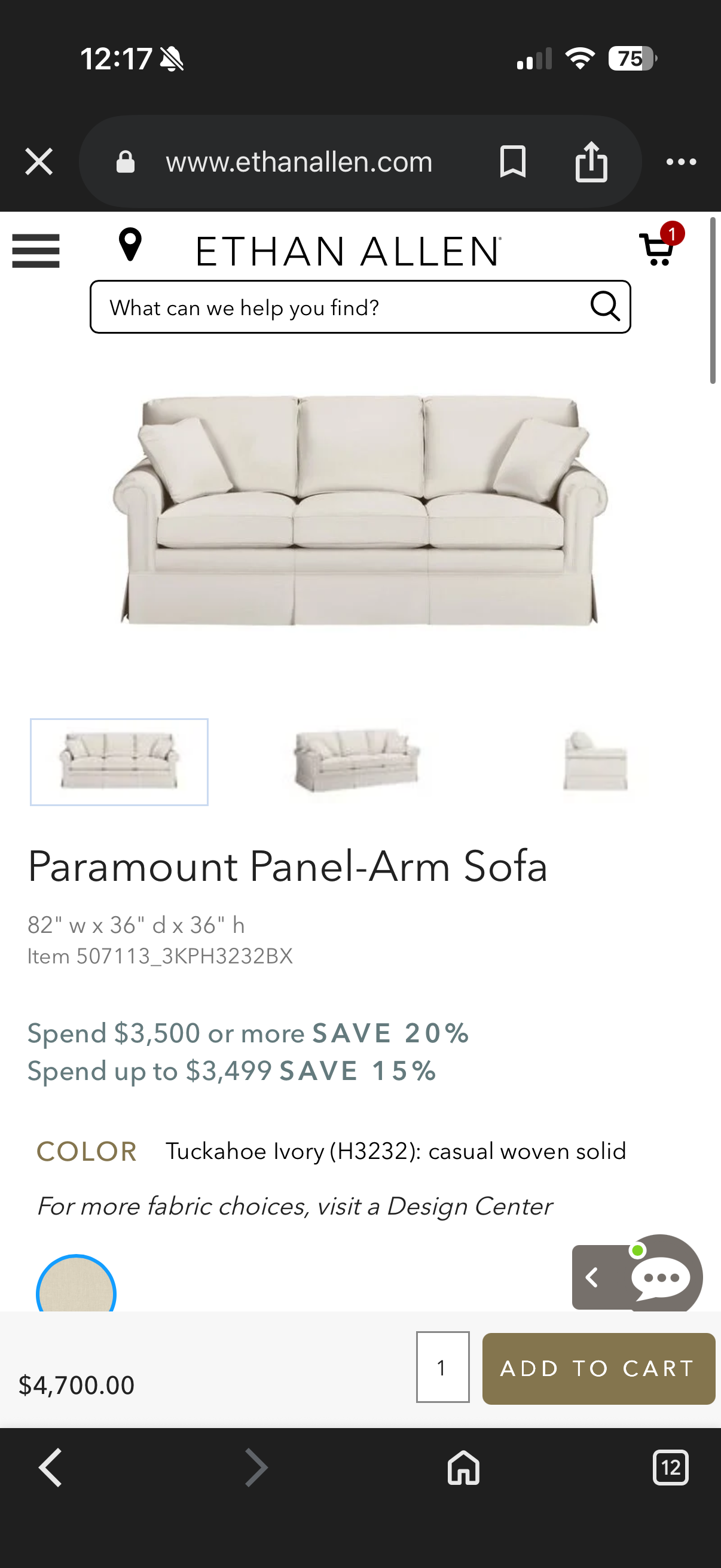 Ethan Allen Cream White Couch