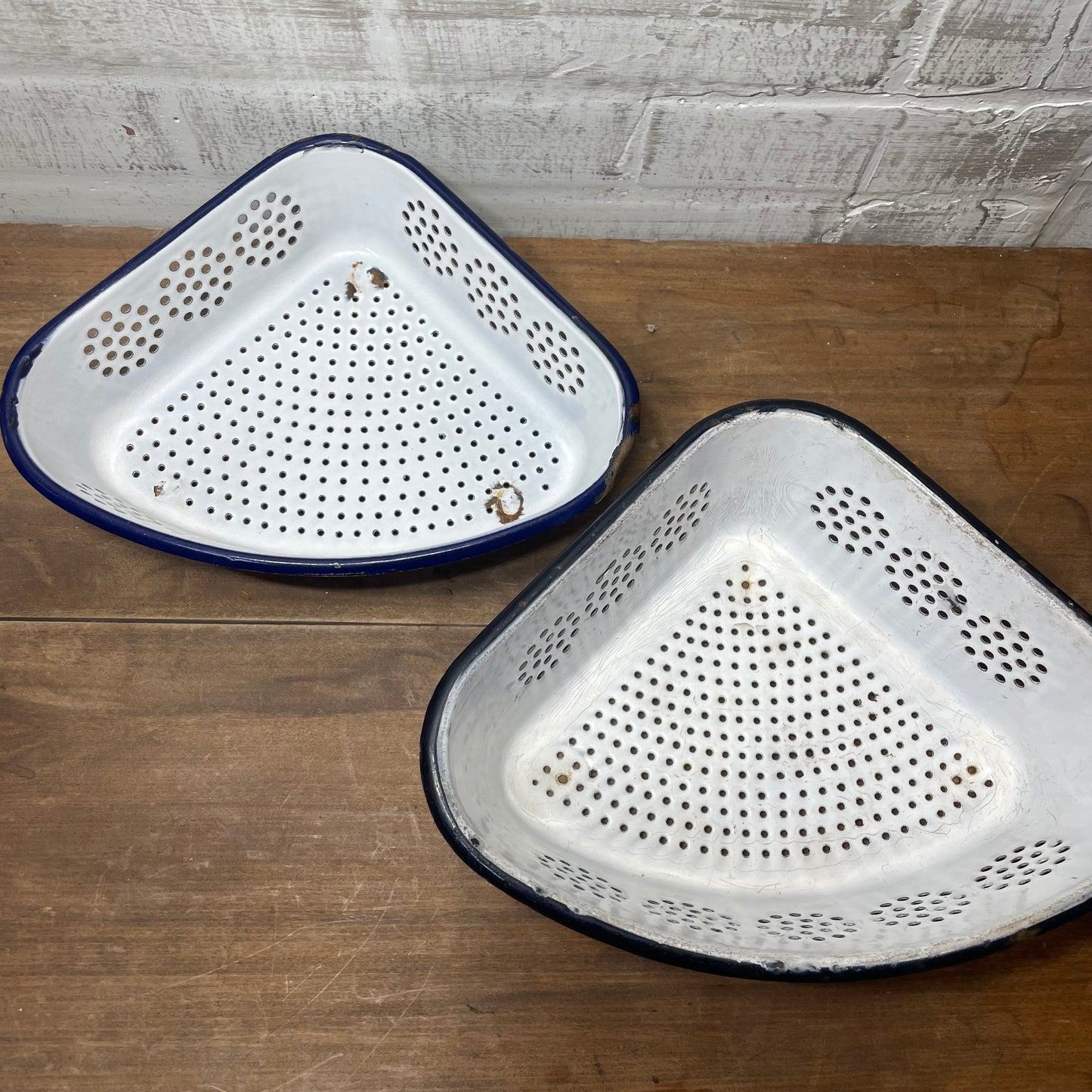 Vintage Enamel Corner Strainer Set Of 2