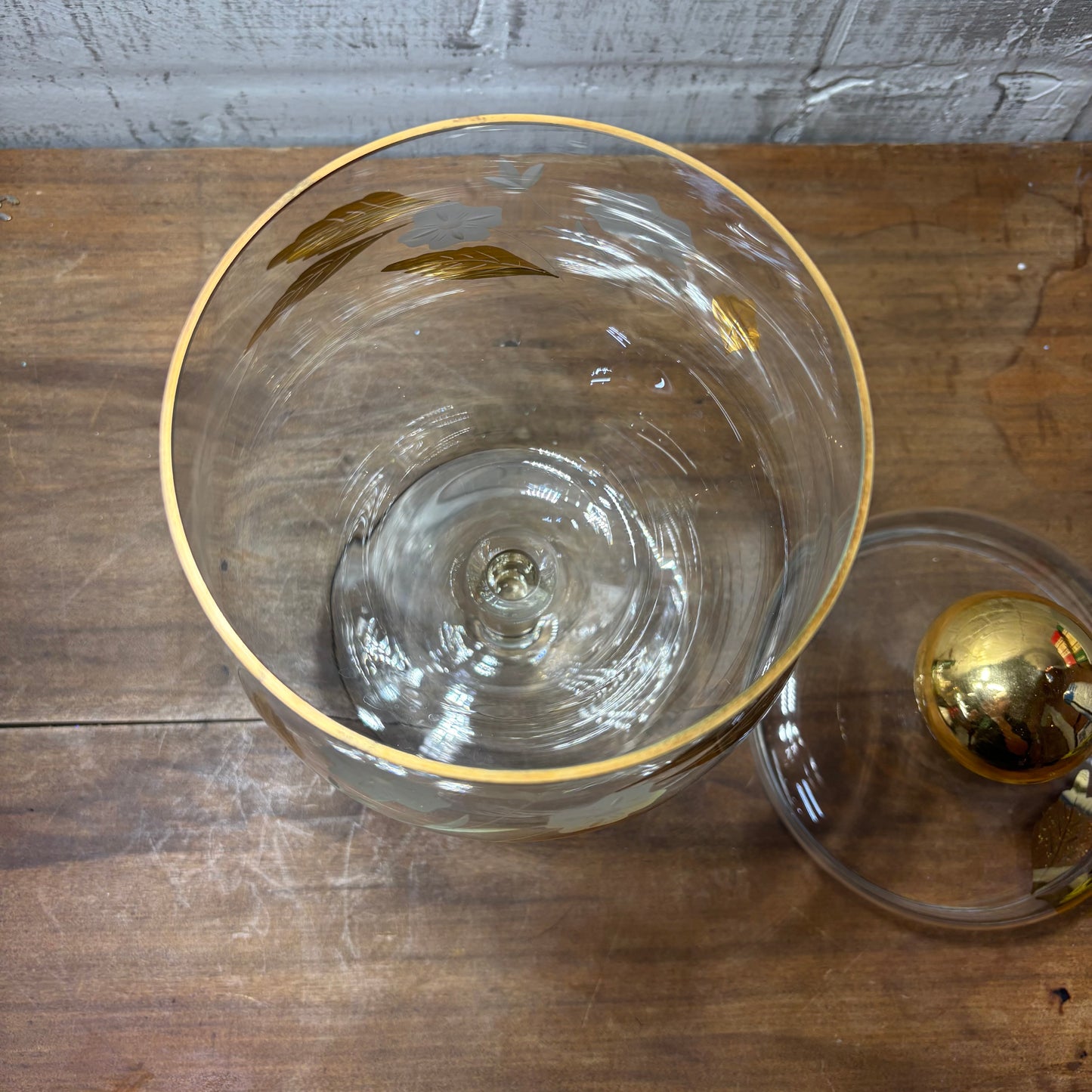 Mid Century Gold Leaf Etched Glass Candy Dish