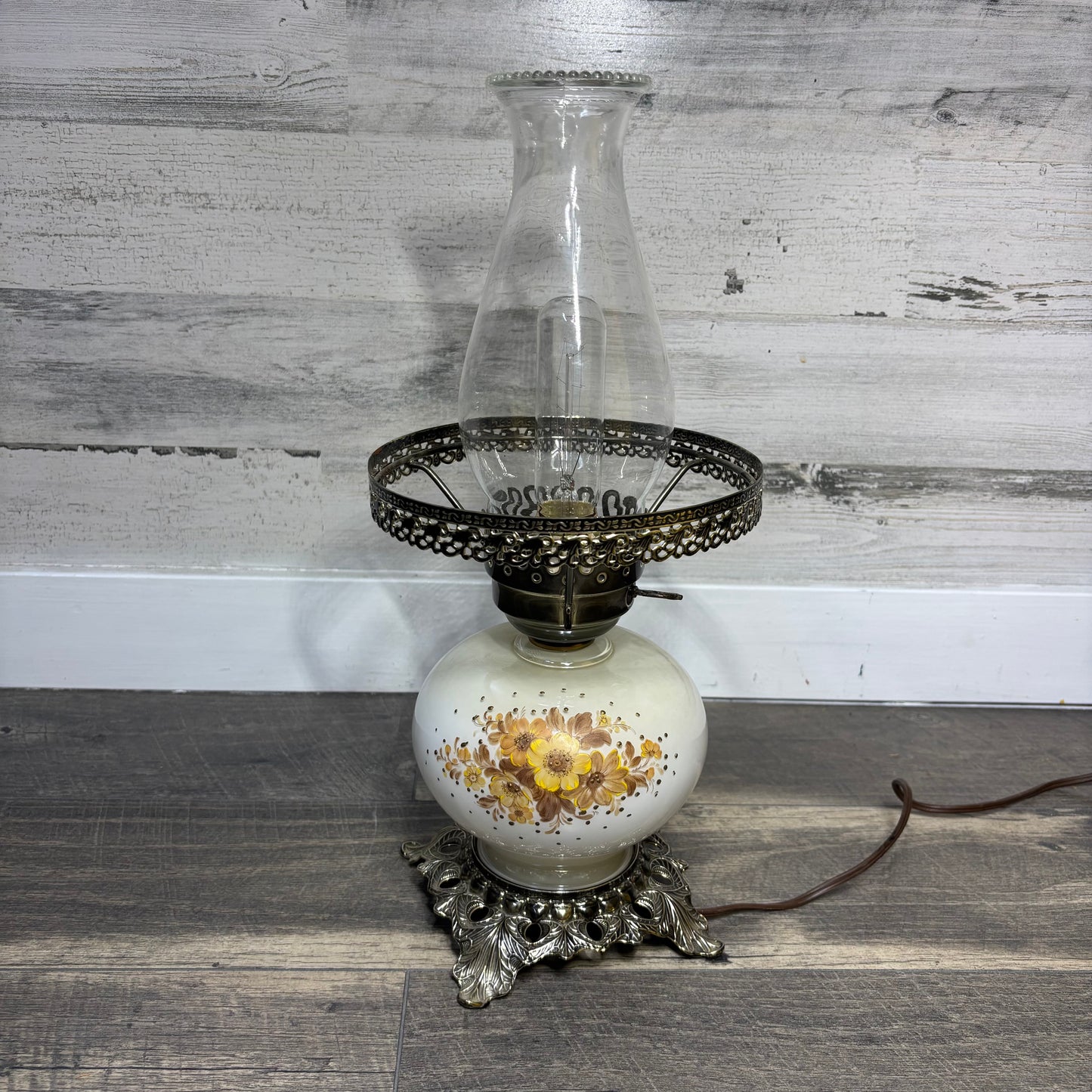 Vintage Floral Milk Glass Hurricane Lamp