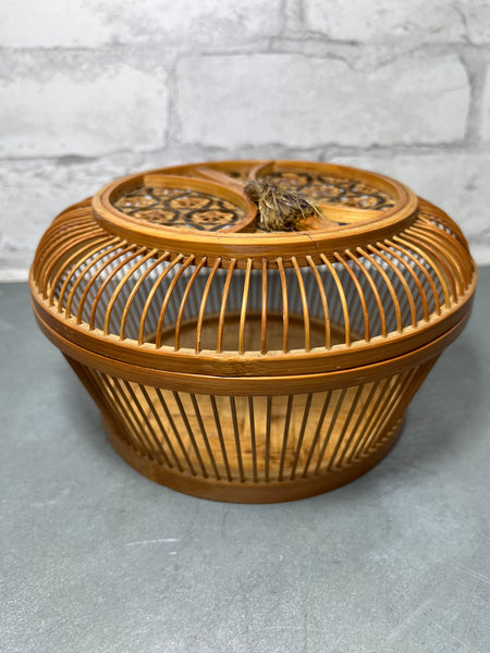 Vintage Woven Bamboo Ratan Wicker Basket W/ Lid