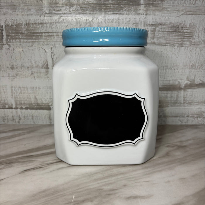 Small White Ceramic Canister with Blue Lid and Chalkboard Label