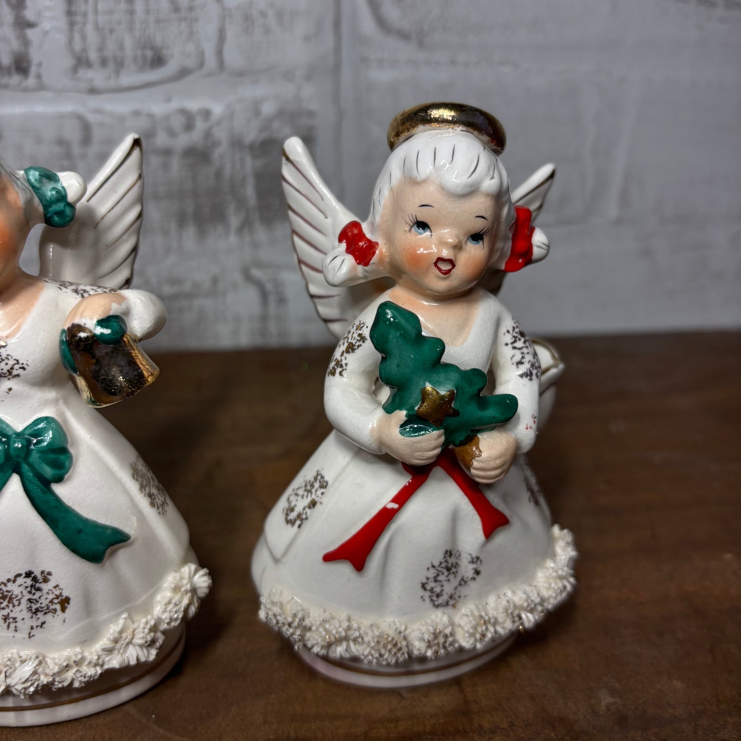Vintage Ucagco Spaghetti Trim Angel Candle Holder Set