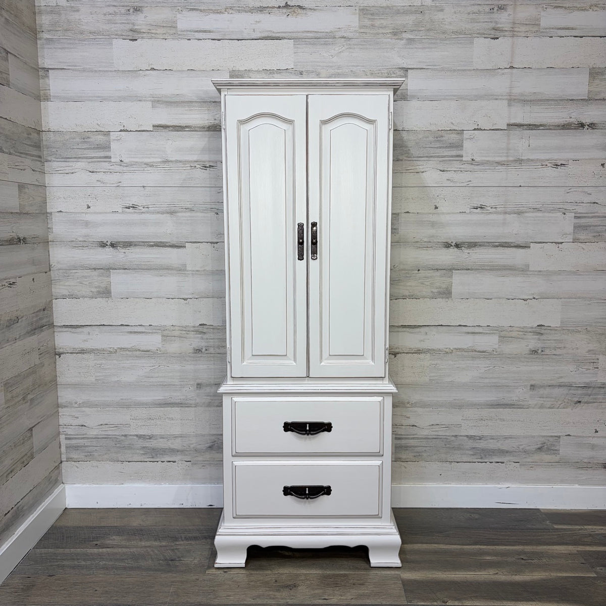 refinished white cabinet, front view with doors closed