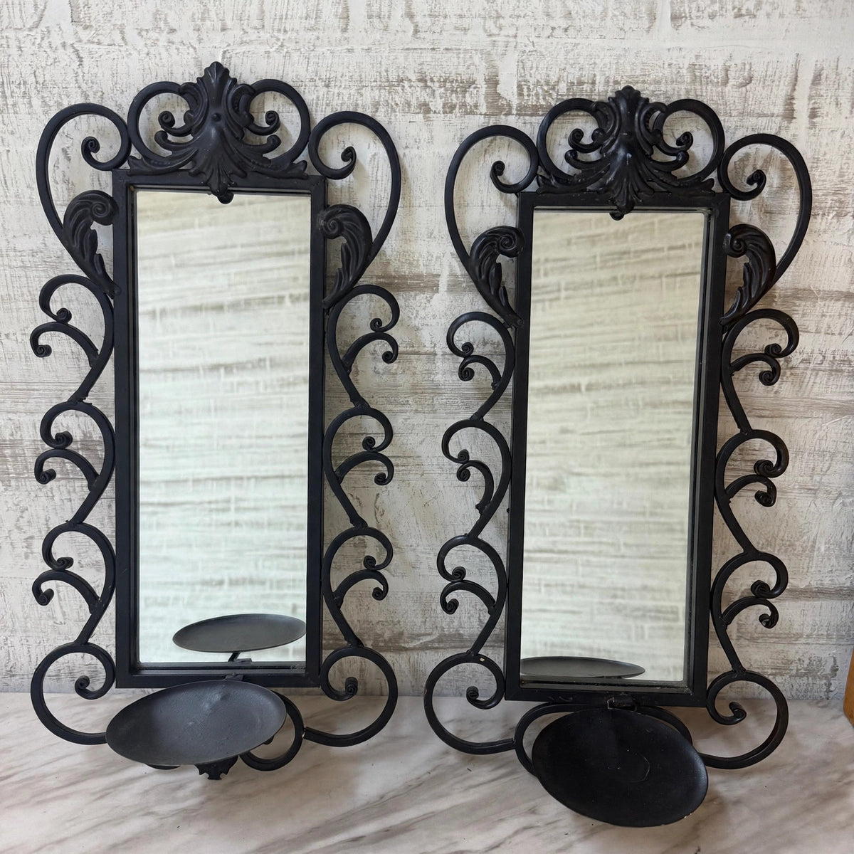 Set of 2 wrought iron mirror sconces, front view