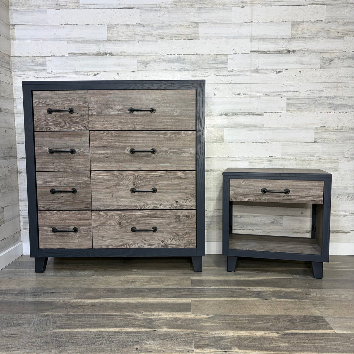 Faux wood dresser and nightstand set, front view