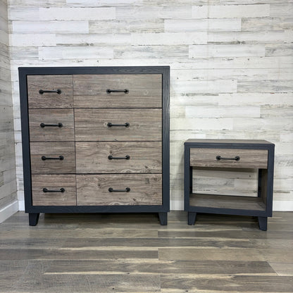Faux wood dresser and nightstand set, front view