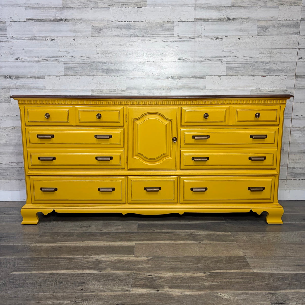 Refinished mustard yellow Bassett dresser, full front view