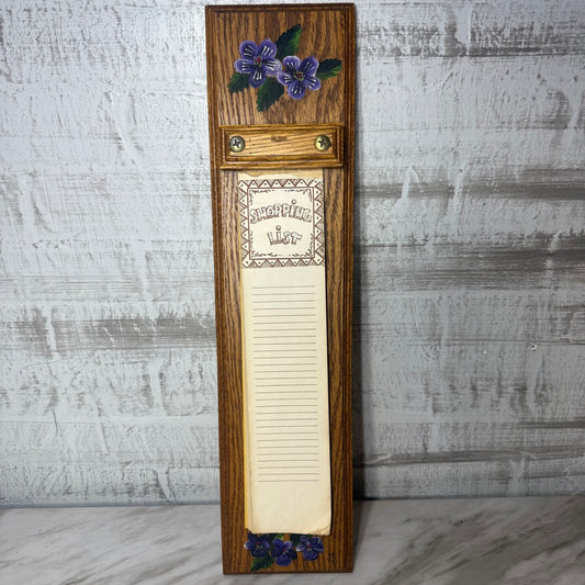 Vintage wooden shopping list notepad holder, front view