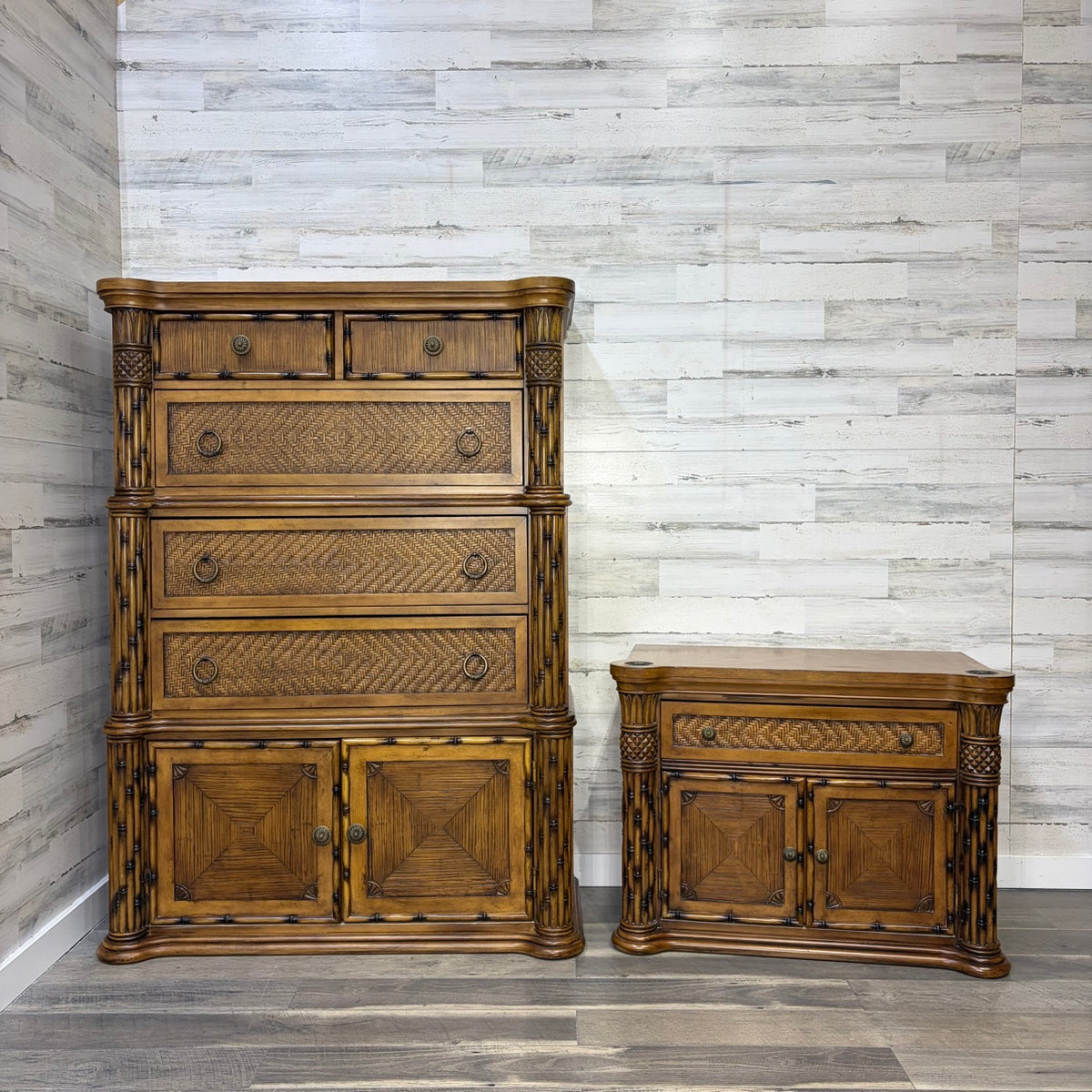 Tall dresser and nightstand set, both pieces front view, doors and drawers closed