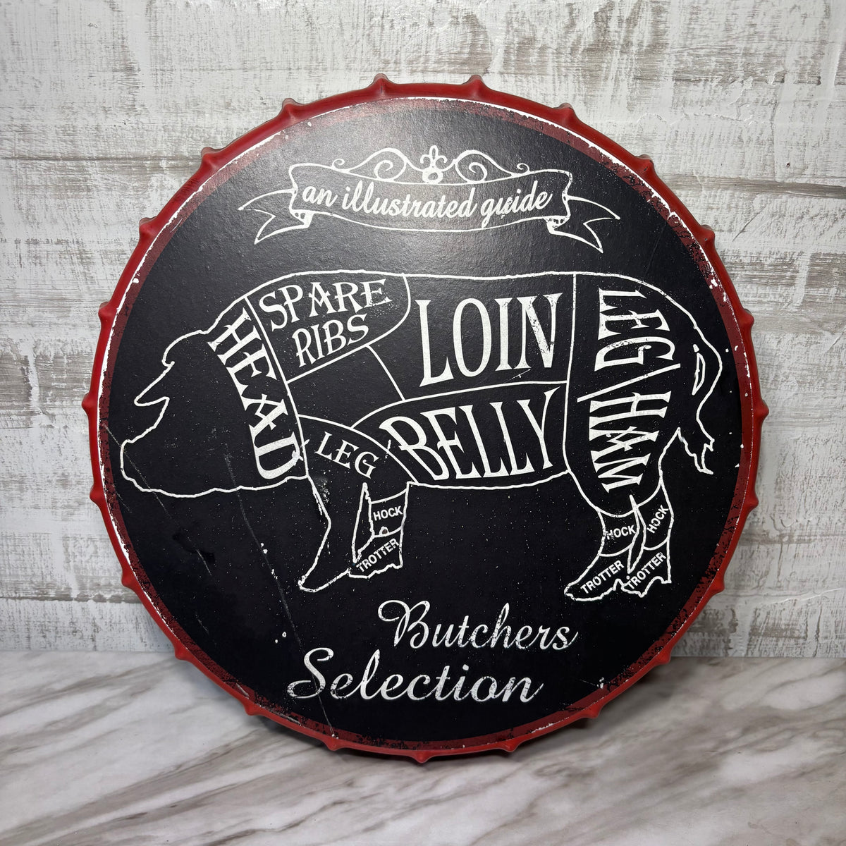 Farmhouse Butchers Pig Metal Bottle Cap Shaped Sign
