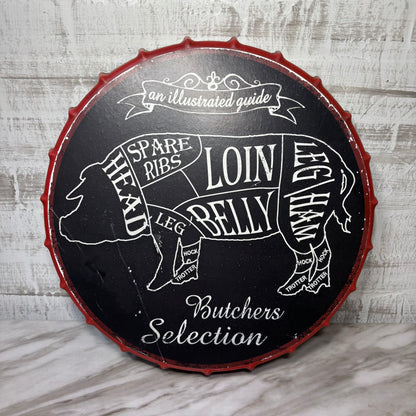 Farmhouse Butchers Pig Metal Bottle Cap Shaped Sign