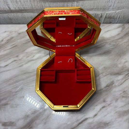 Vintage Red Velvet Octagonal Musical Jewelry Box with Mirror