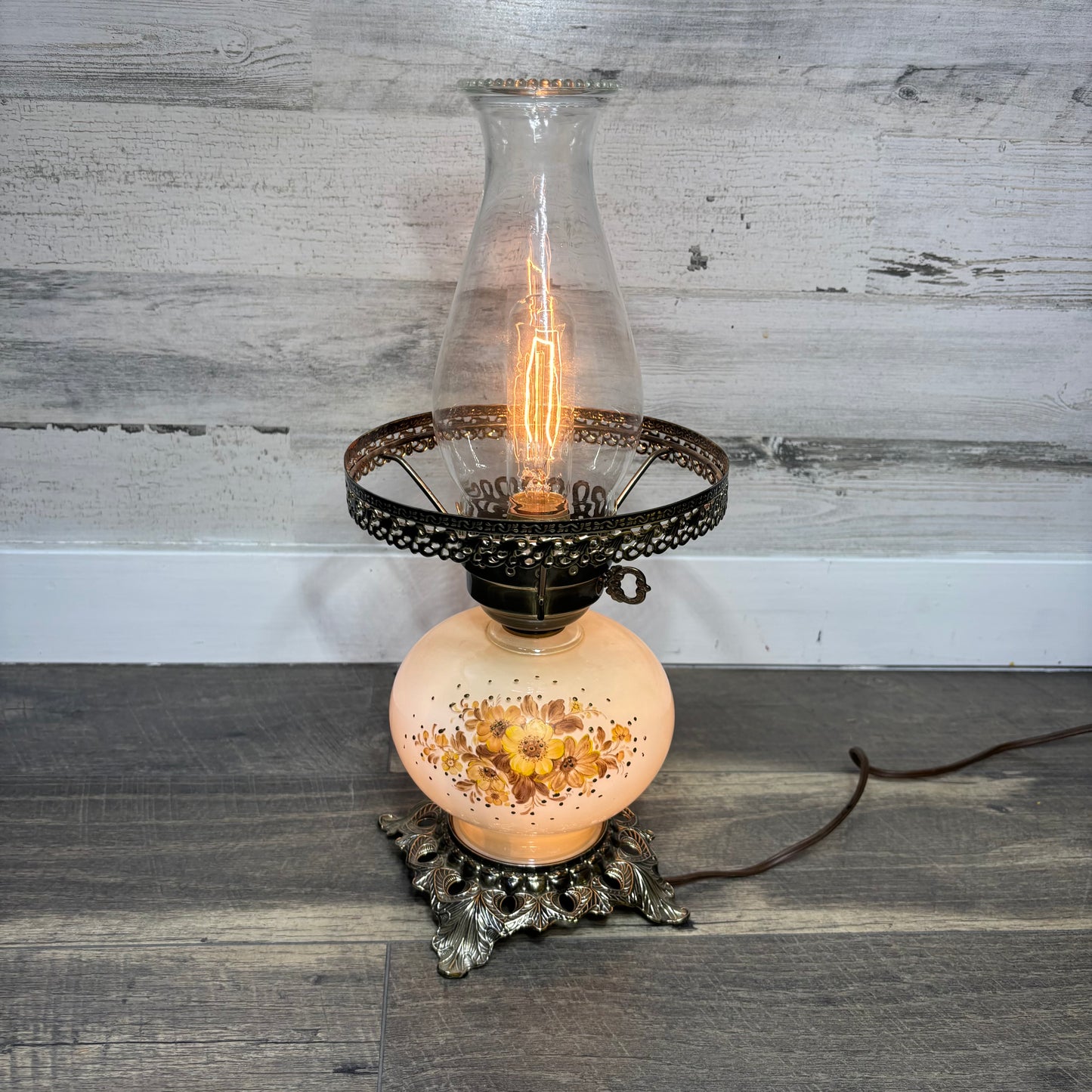 Vintage Floral Milk Glass Hurricane Lamp