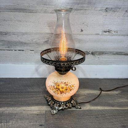 Vintage Floral Milk Glass Hurricane Lamp