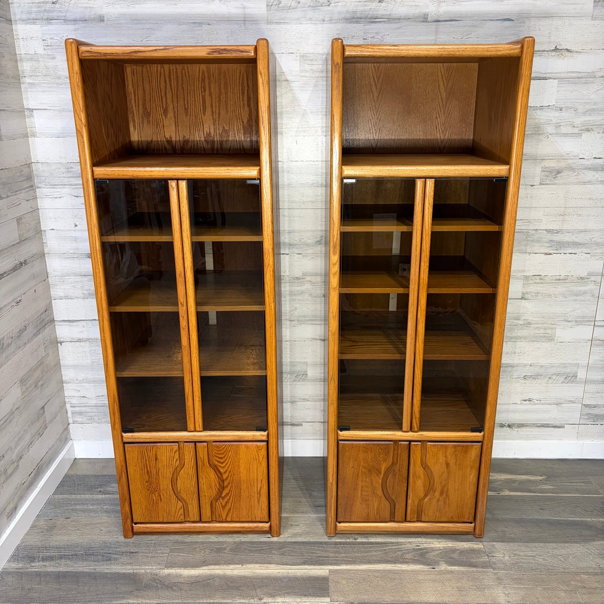 both cabinets, glass doors closed, alternate view