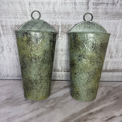 Set of 2 sage green metal wall pocket planters, front view
