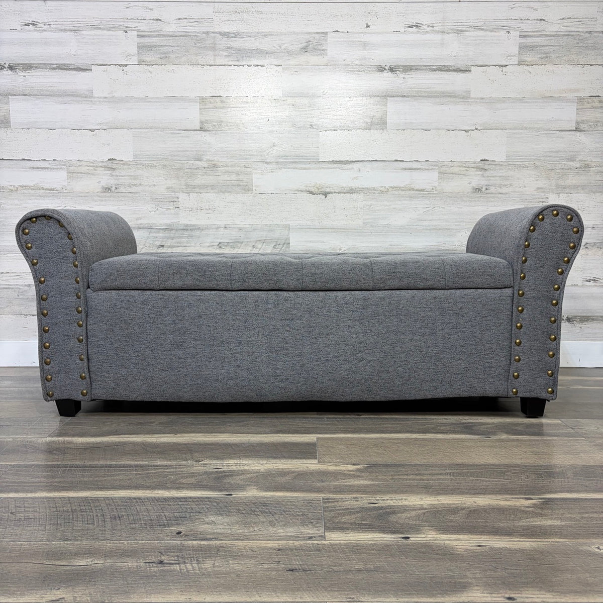 Gray storage bench, straight front view