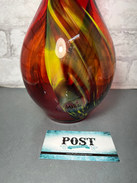 Hand Blown Red And Yellow Glass Vase