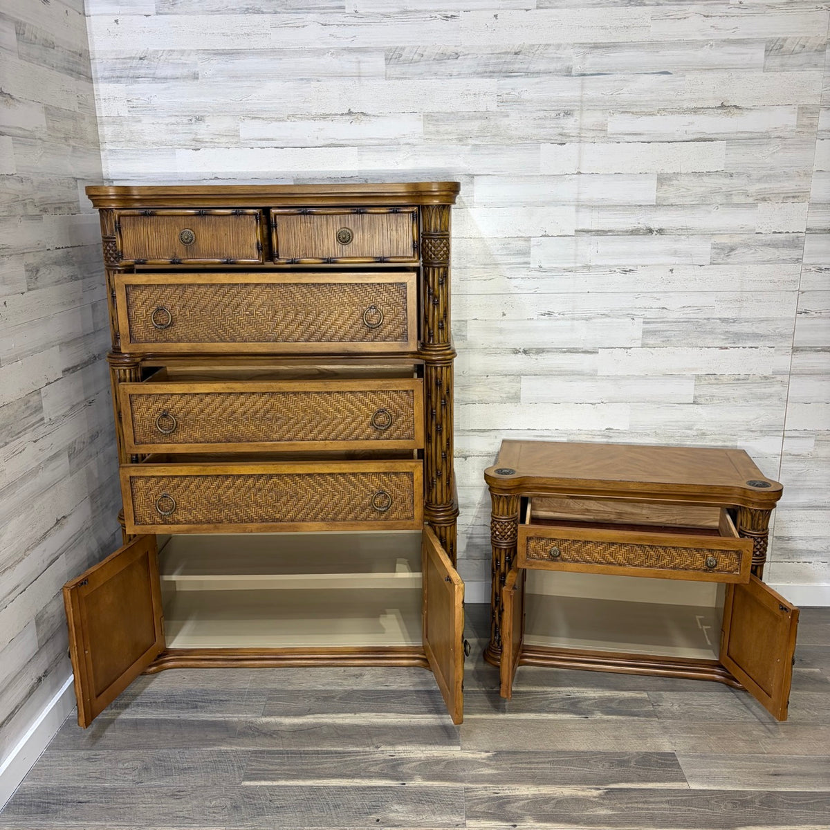 Tall dresser and nightstand with drawers and cabinet doors open