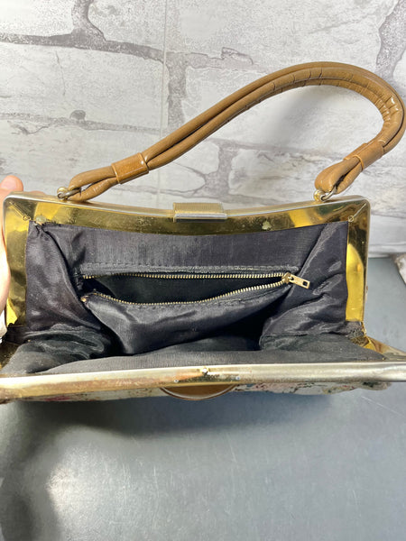 Mid-Century Embroidered Needlepoint Floral Tapestry Handbag