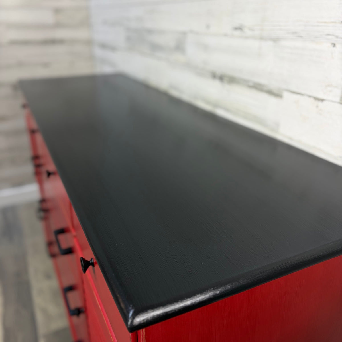 Refinished red Ethan Allen buffet, angled view