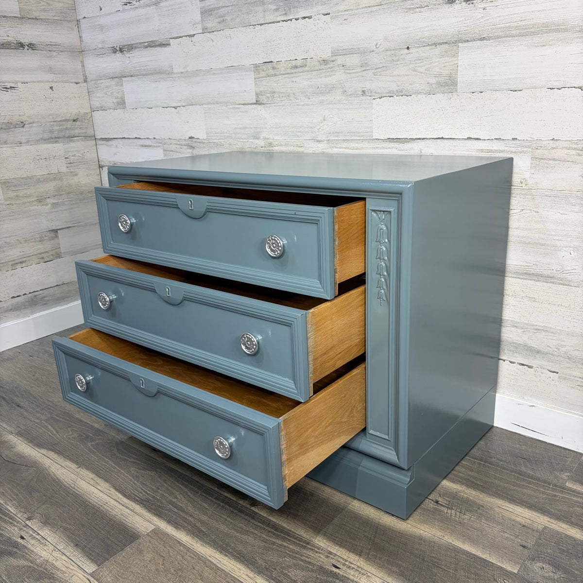 Drexel nightstand drawers open, angled view