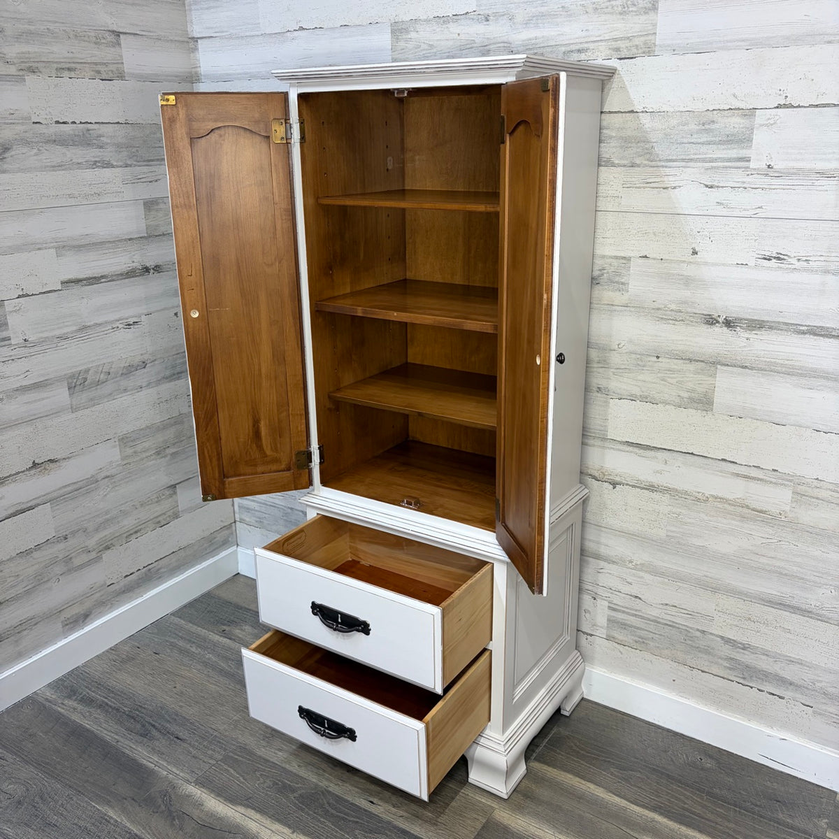 cabinet open, angled view showing shelves and drawers