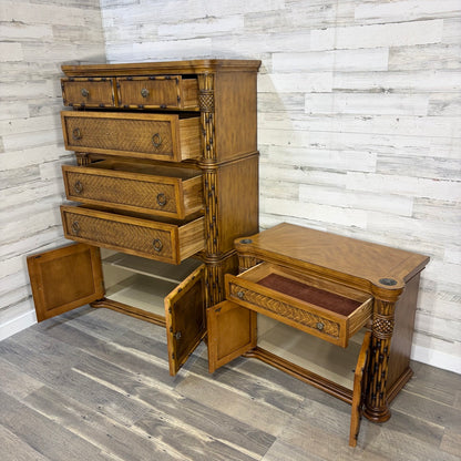 Tall dresser and nightstand, drawers open, angled view
