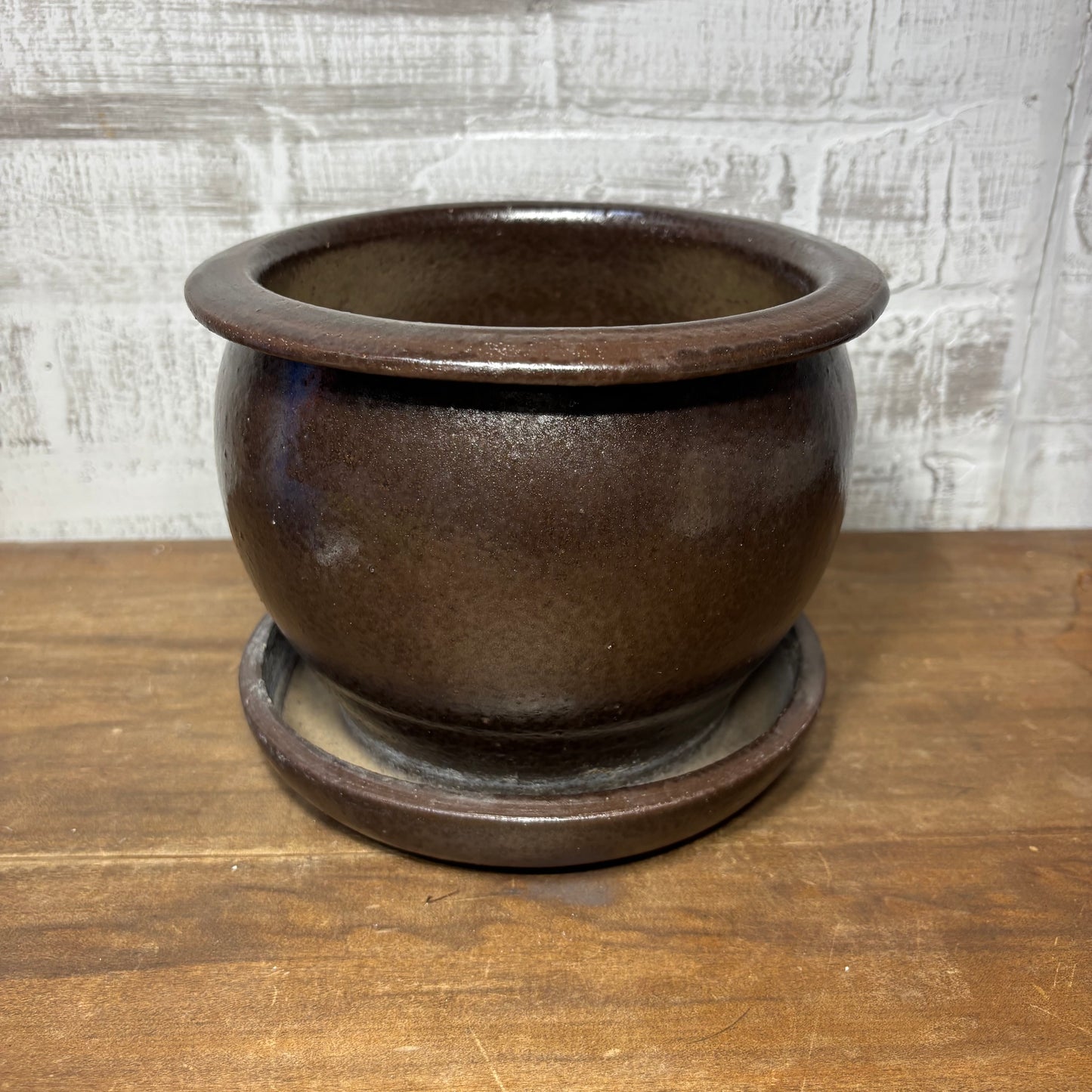 Brown Glaze Clay Pot W/ Attached Saucer